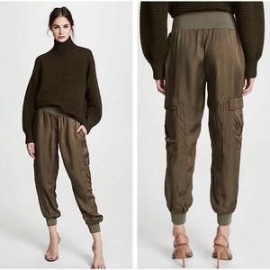 Cinq A Sept Giles Joggers Womens XS Satin Pants Cargo Pocket Olive Green